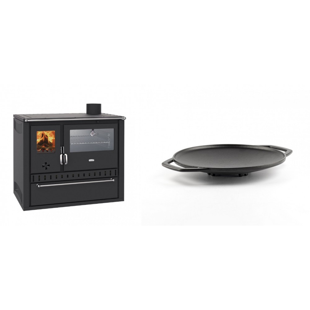 Set Küchenofen / Küchenhexe Wasserführend Prity GT W10, mit Edelstahl-Backofen, Stahlhobel und Schublade, 13.3 kW + Backplatte aus Gusseisen Solagio, Ф28cm