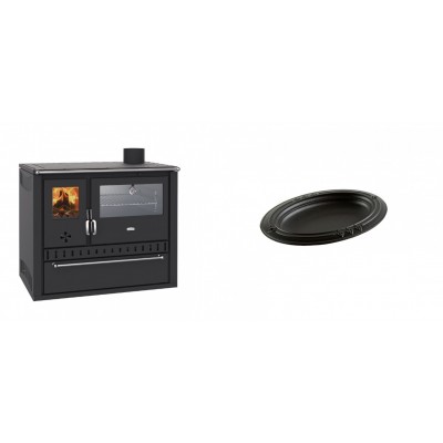 Set Küchenofen / Küchenhexe Wasserführend Prity GT W10, mit Edelstahl-Backofen, Stahlhobel und Schublade, 13.3 kW + Gusseiserne auflaufform Solagio oval, 17x28cm - Kaminofen - Holzofen mit Backfach