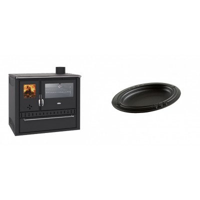 Set Küchenofen / Küchenhexe Wasserführend Prity GT W10, mit Edelstahl-Backofen, Stahlhobel und Schublade, 13.3 kW + Gusseiserne auflaufform Solagio oval, 25x33cm - Kaminofen - Holzofen mit Backfach