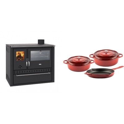 Set Küchenofen / Küchenhexe Wasserführend Prity GT W10, mit Edelstahl-Backofen, Stahlhobel und Schublade, 13.3 kW + Gusseisen Topf Set aus 3 teilen Solagio, Rubin - Kaminofen - Holzofen mit Backfach
