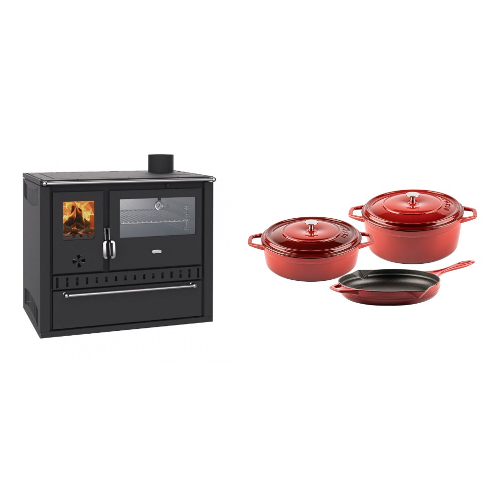 Set Küchenofen / Küchenhexe Wasserführend Prity GT W10, mit Edelstahl-Backofen, Stahlhobel und Schublade, 13.3 kW + Gusseisen Topf Set aus 3 teilen Solagio, Rubin | Kaminofen - Holzofen mit Backfach | Kaminofen |