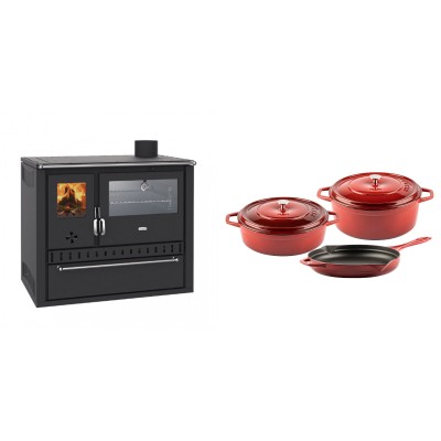 Set Küchenofen / Küchenhexe Wasserführend Prity GT W10, mit Edelstahl-Backofen, Stahlhobel und Schublade, 13.3 kW + Gusseisen Topf Set aus 3 teilen Solagio, Rubin - Kaminofen - Holzofen mit Backfach