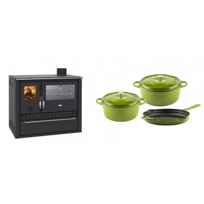 Set Küchenofen / Küchenhexe Wasserführend Prity GT W10, mit Edelstahl-Backofen, Stahlhobel und Schublade, 13.3 kW + Gusseisen Topf Set aus 3 teilen Solagio, Bamboo - Kaminofen - Holzofen mit Backfach