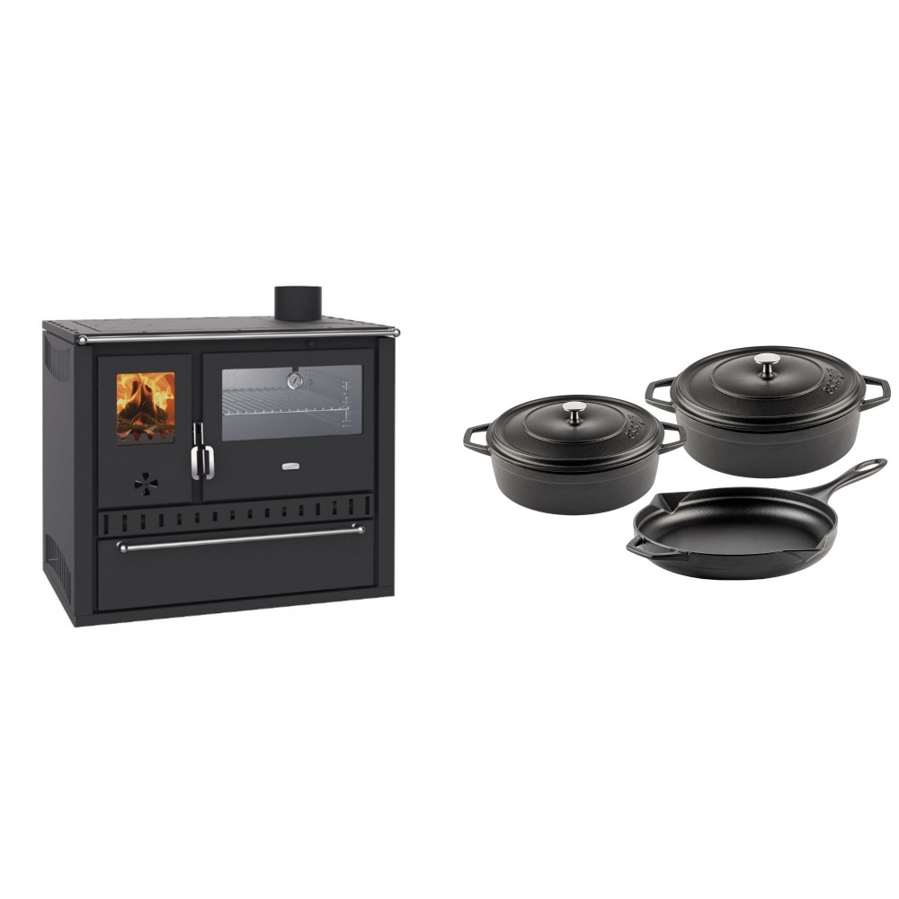 Set Küchenofen / Küchenhexe Wasserführend Prity GT W10, mit Edelstahl-Backofen, Stahlhobel und Schublade, 13.3 kW + Gusseisen Topf Set aus 3 teilen Solagio, Black Onyx | Kaminofen - Holzofen mit Backfach | Kaminofen |