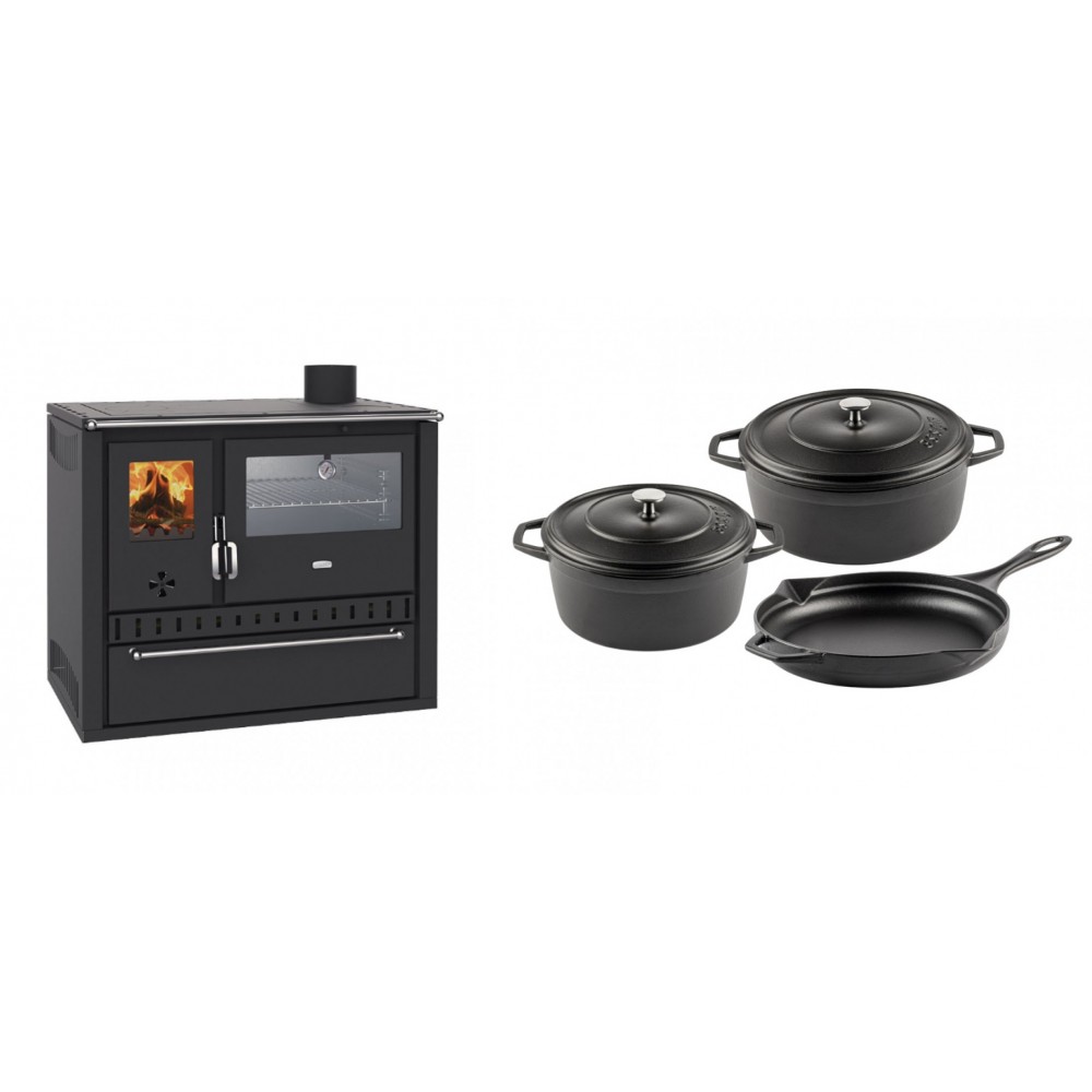 Set Küchenofen / Küchenhexe Wasserführend Prity GT W10, mit Edelstahl-Backofen, Stahlhobel und Schublade, 13.3 kW + Gusseisen Topf Set aus 3 teilen Solagio, Black Onyx | Kaminofen - Holzofen mit Backfach | Kaminofen |