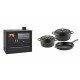Set Küchenofen / Küchenhexe Wasserführend Prity GT W10, mit Edelstahl-Backofen, Stahlhobel und Schublade, 13.3 kW + Gusseisen Topf Set aus 3 teilen Solagio, Black Onyx | Kaminofen - Holzofen mit Backfach | Kaminofen |