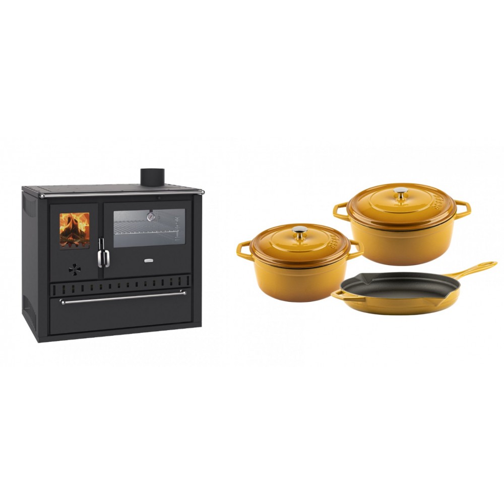 Set Küchenofen / Küchenhexe Wasserführend Prity GT W10, mit Edelstahl-Backofen, Stahlhobel und Schublade, 13.3 kW + Gusseisen Topf Set aus 3 teilen Solagio, Dijon | Kaminofen - Holzofen mit Backfach | Kaminofen |
