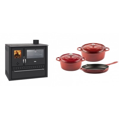 Set Küchenofen / Küchenhexe Wasserführend Prity GT W10, mit Edelstahl-Backofen, Stahlhobel und Schublade, 13.3 kW + Gusseisen Topf Set aus 3 teilen Solagio, Rubin - Kaminofen - Holzofen mit Backfach