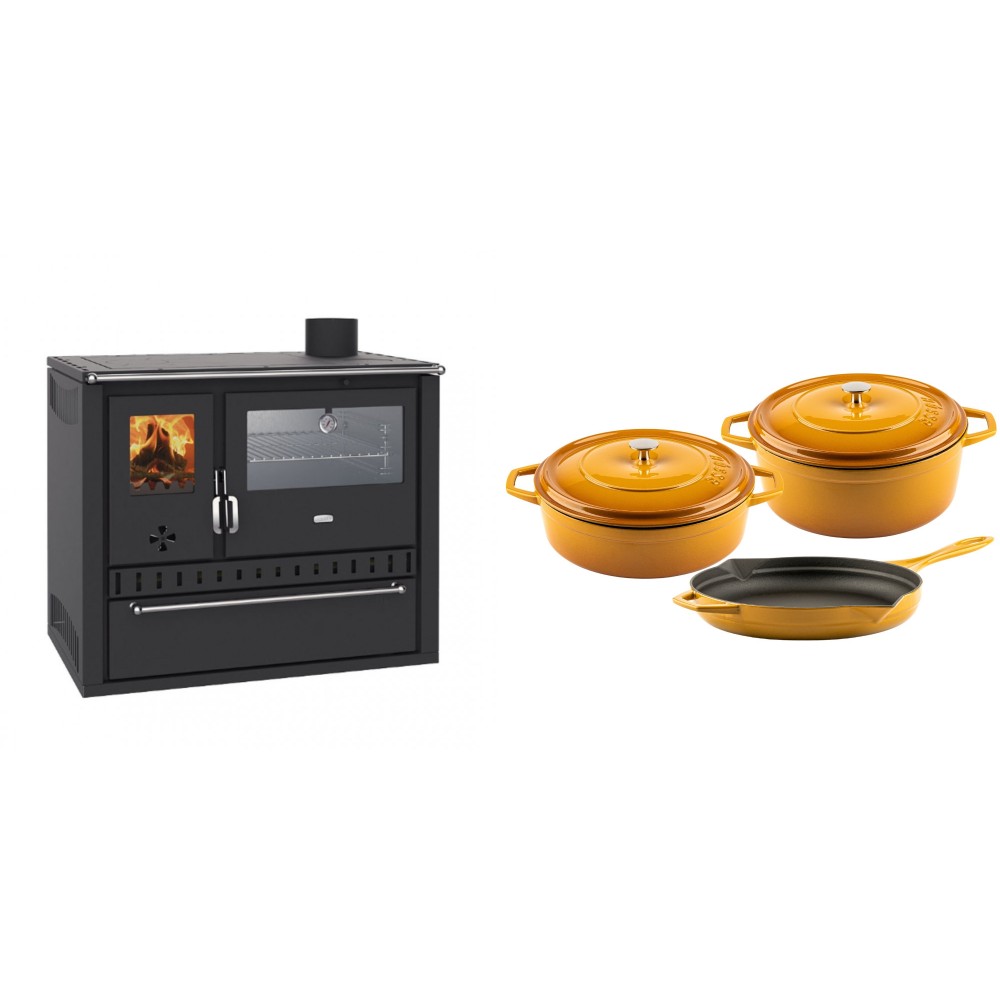 Set Küchenofen / Küchenhexe Wasserführend Prity GT W10, mit Edelstahl-Backofen, Stahlhobel und Schublade, 13.3 kW + Gusseisen Topf Set aus 3 teilen Solagio, Dijon | Kaminofen - Holzofen mit Backfach | Kaminofen |
