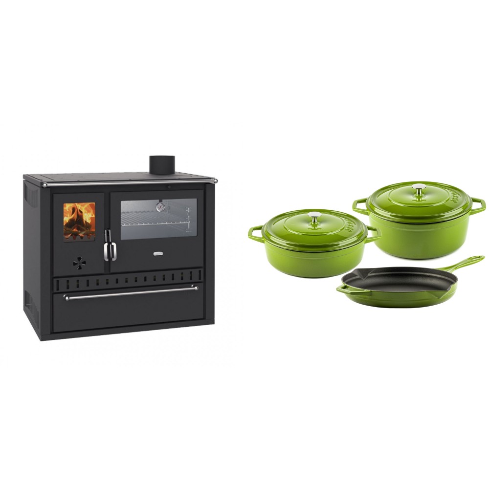 Set Küchenofen / Küchenhexe Wasserführend Prity GT W10, mit Edelstahl-Backofen, Stahlhobel und Schublade, 13.3 kW + Gusseisen Topf Set aus 3 teilen Solagio, Bamboo | Kaminofen - Holzofen mit Backfach | Kaminofen |