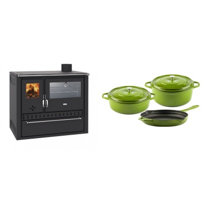 Set Küchenofen / Küchenhexe Wasserführend Prity GT W10, mit Edelstahl-Backofen, Stahlhobel und Schublade, 13.3 kW + Gusseisen Topf Set aus 3 teilen Solagio, Bamboo - Kaminofen - Holzofen mit Backfach