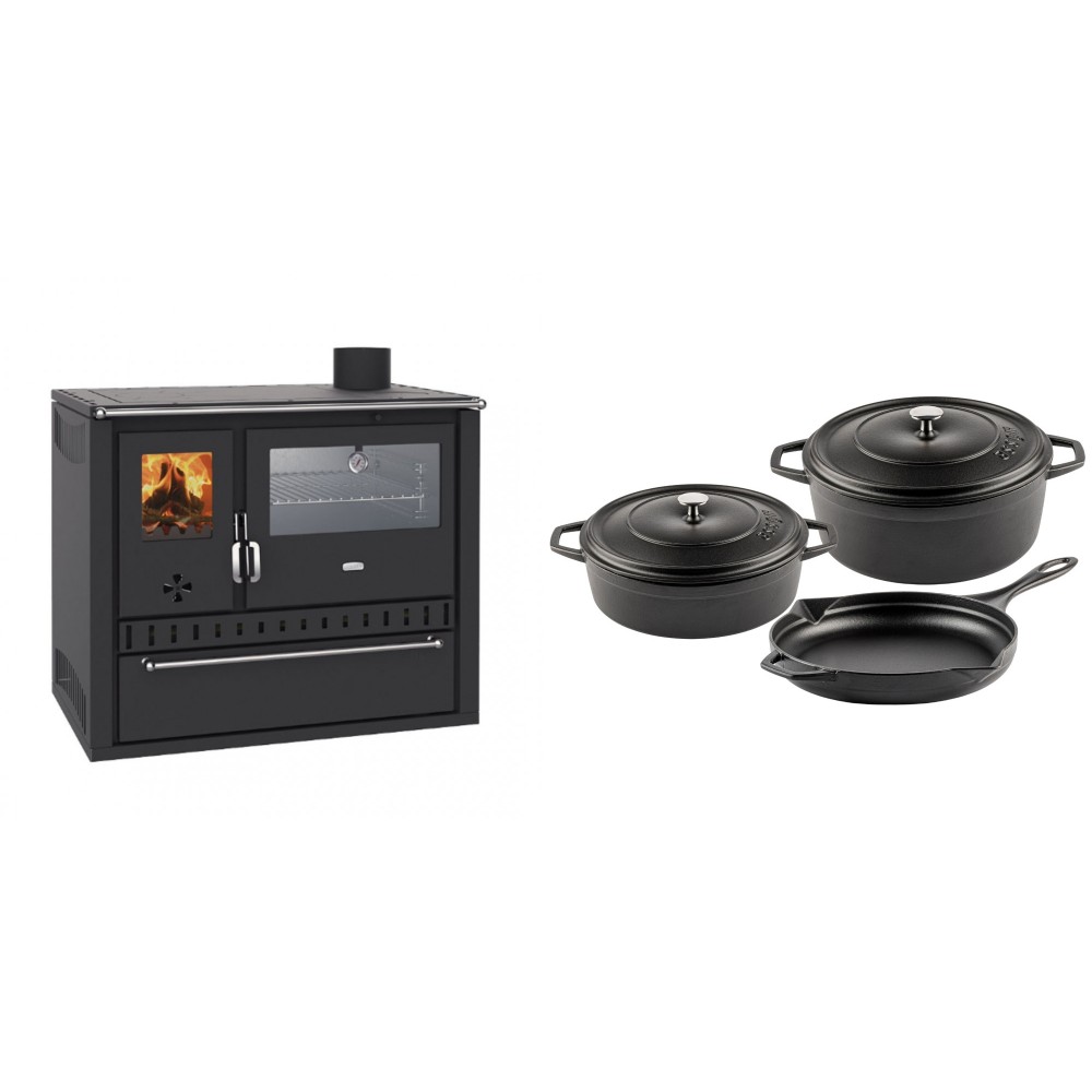 Set Küchenofen / Küchenhexe Wasserführend Prity GT W10, mit Edelstahl-Backofen, Stahlhobel und Schublade, 13.3 kW + Gusseisen Topf Set aus 3 teilen Solagio, Black Onyx