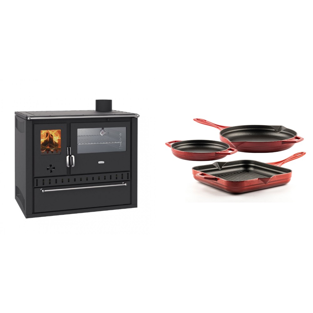 Set Küchenofen / Küchenhexe Wasserführend Prity GT W10, mit Edelstahl-Backofen, Stahlhobel und Schublade, 13.3 kW + Gusseisen Topf Set aus 3 teilen Solagio, Rubin