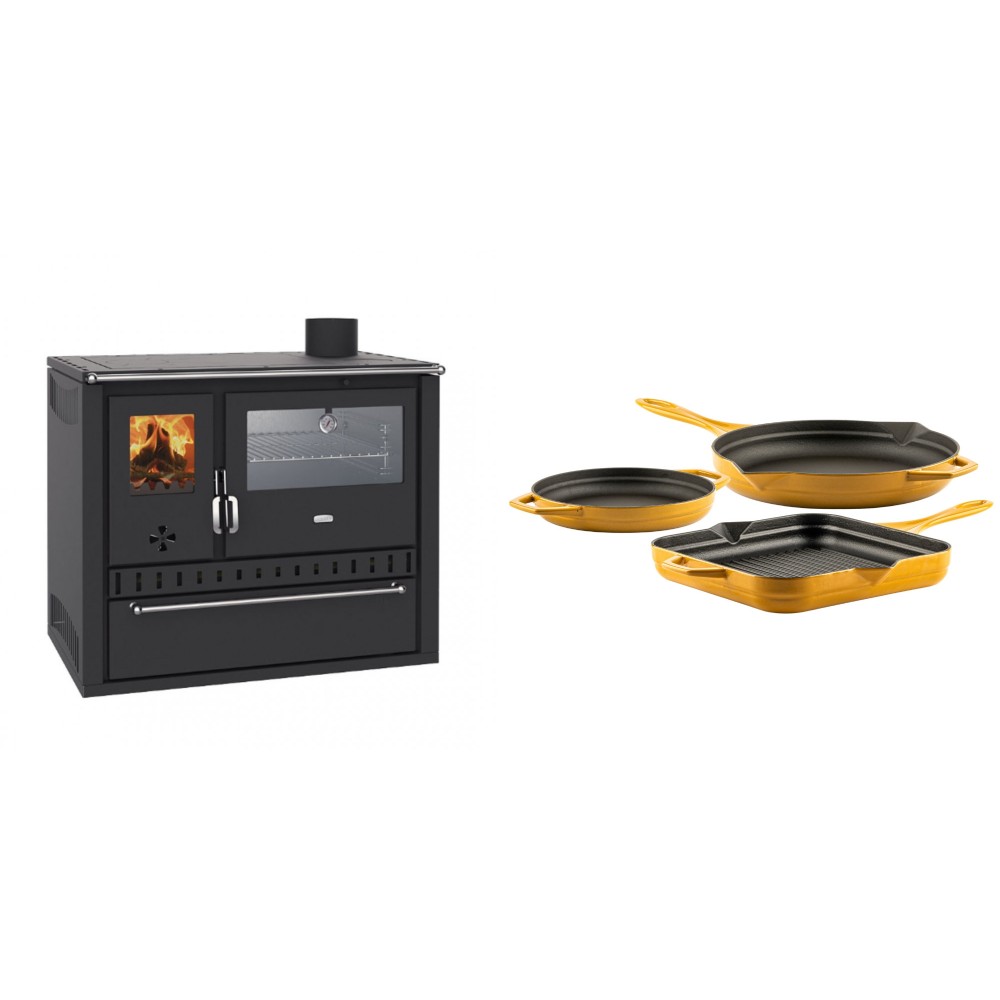 Set Küchenofen / Küchenhexe Wasserführend Prity GT W10, mit Edelstahl-Backofen, Stahlhobel und Schublade, 13.3 kW + Gusseisen Topf Set aus 3 teilen Solagio, Dijon