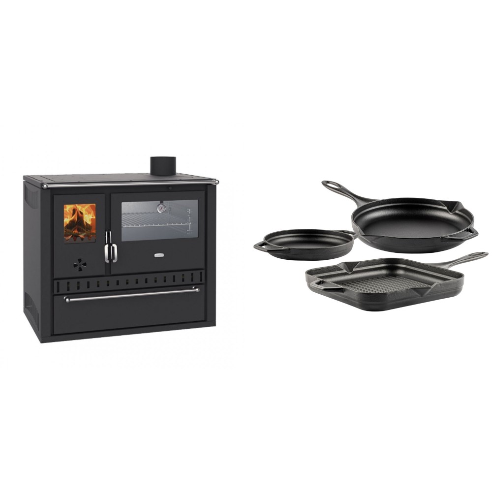 Set Küchenofen / Küchenhexe Wasserführend Prity GT W10, mit Edelstahl-Backofen, Stahlhobel und Schublade, 13.3 kW + Gusseisen Topf Set aus 3 teilen Solagio, Black Onyx | Kaminofen - Holzofen mit Backfach | Kaminofen |