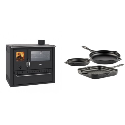 Set Küchenofen / Küchenhexe Wasserführend Prity GT W10, mit Edelstahl-Backofen, Stahlhobel und Schublade, 13.3 kW + Gusseisen Topf Set aus 3 teilen Solagio, Black Onyx - Kaminofen - Holzofen mit Backfach