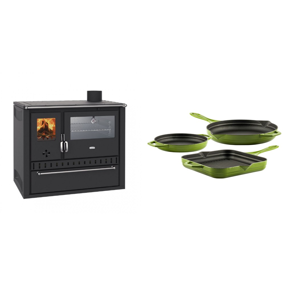 Set Küchenofen / Küchenhexe Wasserführend Prity GT W10, mit Edelstahl-Backofen, Stahlhobel und Schublade, 13.3 kW + Gusseisen Topf Set aus 3 teilen Solagio, Bamboo