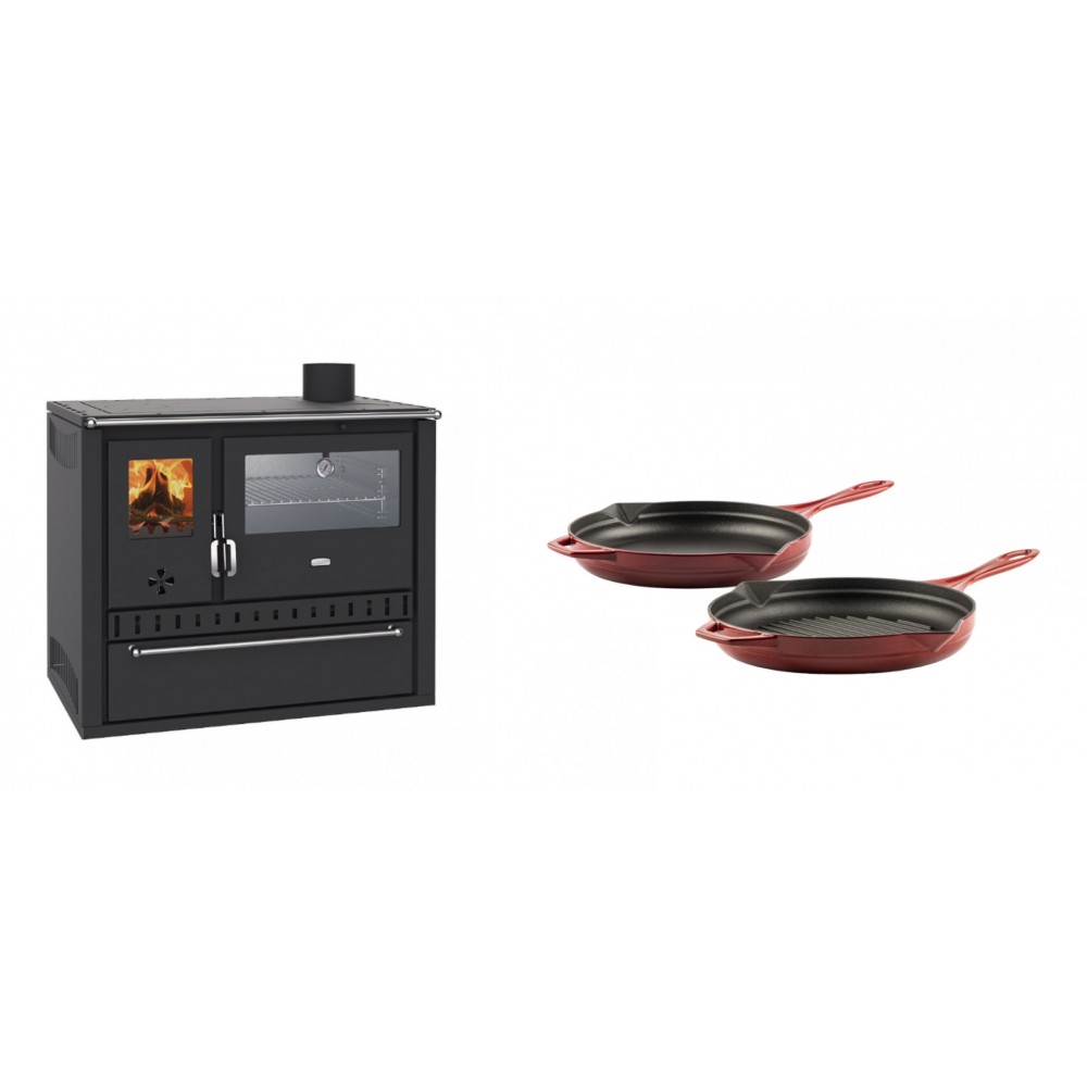 Set Küchenofen / Küchenhexe Wasserführend Prity GT W10, mit Edelstahl-Backofen, Stahlhobel und Schublade, 13.3 kW + Gusseisen Topf Set aus 2 teilen Solagio, Rubin | Kaminofen - Holzofen mit Backfach | Kaminofen |