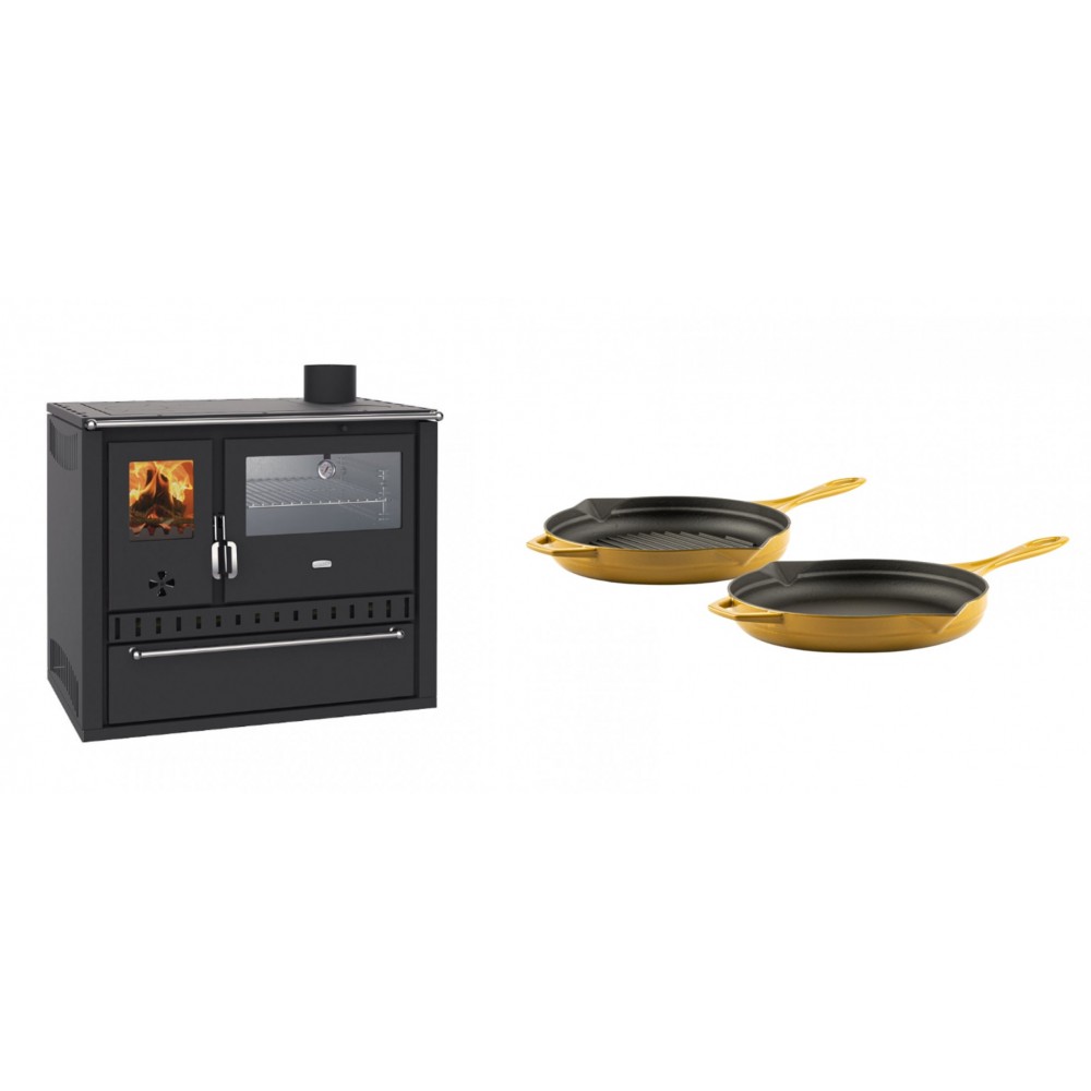 Set Küchenofen / Küchenhexe Wasserführend Prity GT W10, mit Edelstahl-Backofen, Stahlhobel und Schublade, 13.3 kW + Gusseisen Topf Set aus 2 teilen Solagio, Dijon | Kaminofen - Holzofen mit Backfach | Kaminofen |