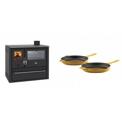 Set Küchenofen / Küchenhexe Wasserführend Prity GT W10, mit Edelstahl-Backofen, Stahlhobel und Schublade, 13.3 kW + Gusseisen Topf Set aus 2 teilen Solagio, Dijon - Kaminofen - Holzofen mit Backfach