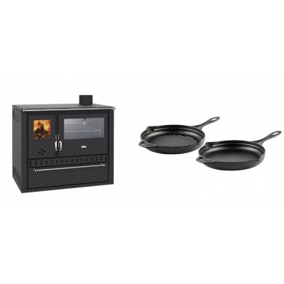 Set Küchenofen / Küchenhexe Wasserführend Prity GT W10, mit Edelstahl-Backofen, Stahlhobel und Schublade, 13.3 kW + Gusseisen Topf Set aus 2 teilen Solagio, Black Onyx - Kaminofen - Holzofen mit Backfach