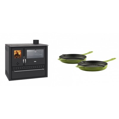 Set Küchenofen / Küchenhexe Wasserführend Prity GT W10, mit Edelstahl-Backofen, Stahlhobel und Schublade, 13.3 kW + Gusseisen Topf Set aus 2 teilen Solagio, Bamboo - Kaminofen - Holzofen mit Backfach