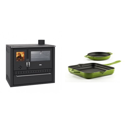 Set Küchenofen / Küchenhexe Wasserführend Prity GT W10, mit Edelstahl-Backofen, Stahlhobel und Schublade, 13.3 kW + Gusseisen Topf Set aus 2 teilen Solagio, Bamboo - Kaminofen - Holzofen mit Backfach