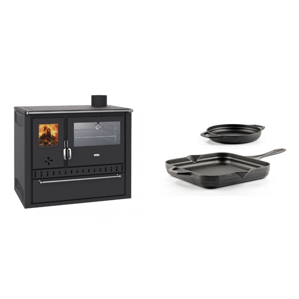 Set Küchenofen / Küchenhexe Wasserführend Prity GT W10, mit Edelstahl-Backofen, Stahlhobel und Schublade, 13.3 kW + Gusseisen Topf Set aus 2 teilen Solagio, Black Onyx | Kaminofen - Holzofen mit Backfach | Kaminofen |