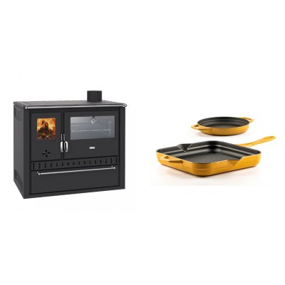 Set Küchenofen / Küchenhexe Wasserführend Prity GT W10, mit Edelstahl-Backofen, Stahlhobel und Schublade, 13.3 kW + Gusseisen Topf Set aus 2 teilen Solagio, Dijon - Kaminofen - Holzofen mit Backfach