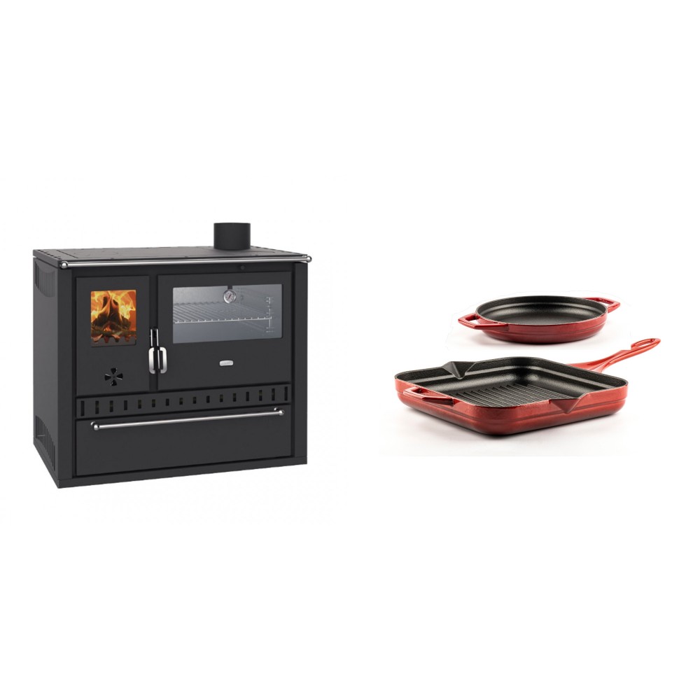 Set Küchenofen / Küchenhexe Wasserführend Prity GT W10, mit Edelstahl-Backofen, Stahlhobel und Schublade, 13.3 kW + Gusseisen Topf Set aus 2 teilen Solagio, Rubin | Kaminofen - Holzofen mit Backfach | Kaminofen |