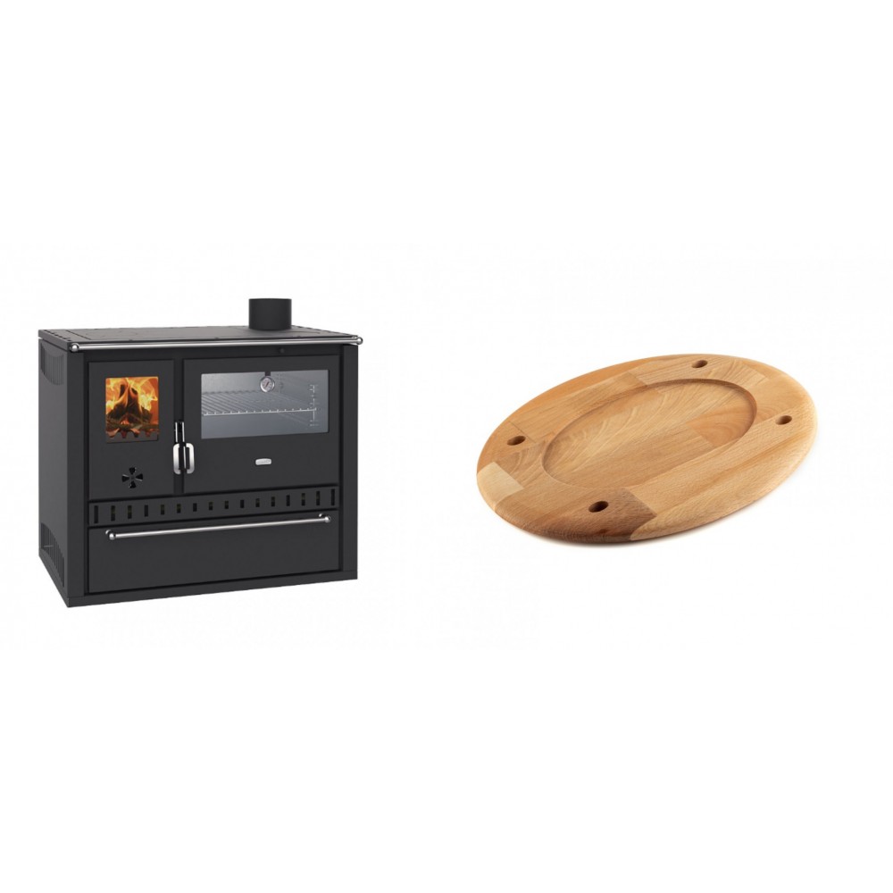 Set Küchenofen / Küchenhexe Wasserführend Prity GT W10, mit Edelstahl-Backofen, Stahlhobel und Schublade, 13.3 kW + Holz untersetzer für ovale platte Solagio HSOISK2533, 25x33cm