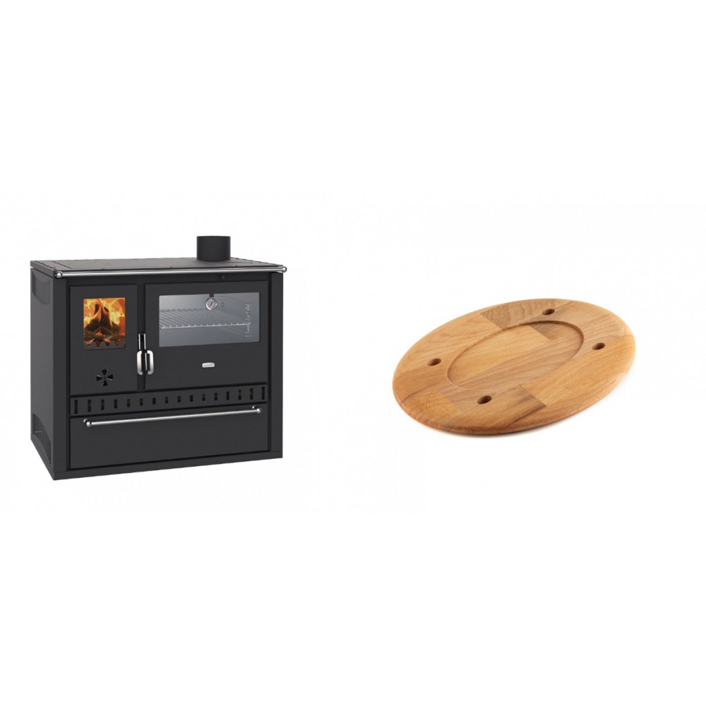 Set Küchenofen / Küchenhexe Wasserführend Prity GT W10, mit Edelstahl-Backofen, Stahlhobel und Schublade, 13.3 kW + Holz untersetzer für ovale platte Solagio HSOISK1728, 17x28cm