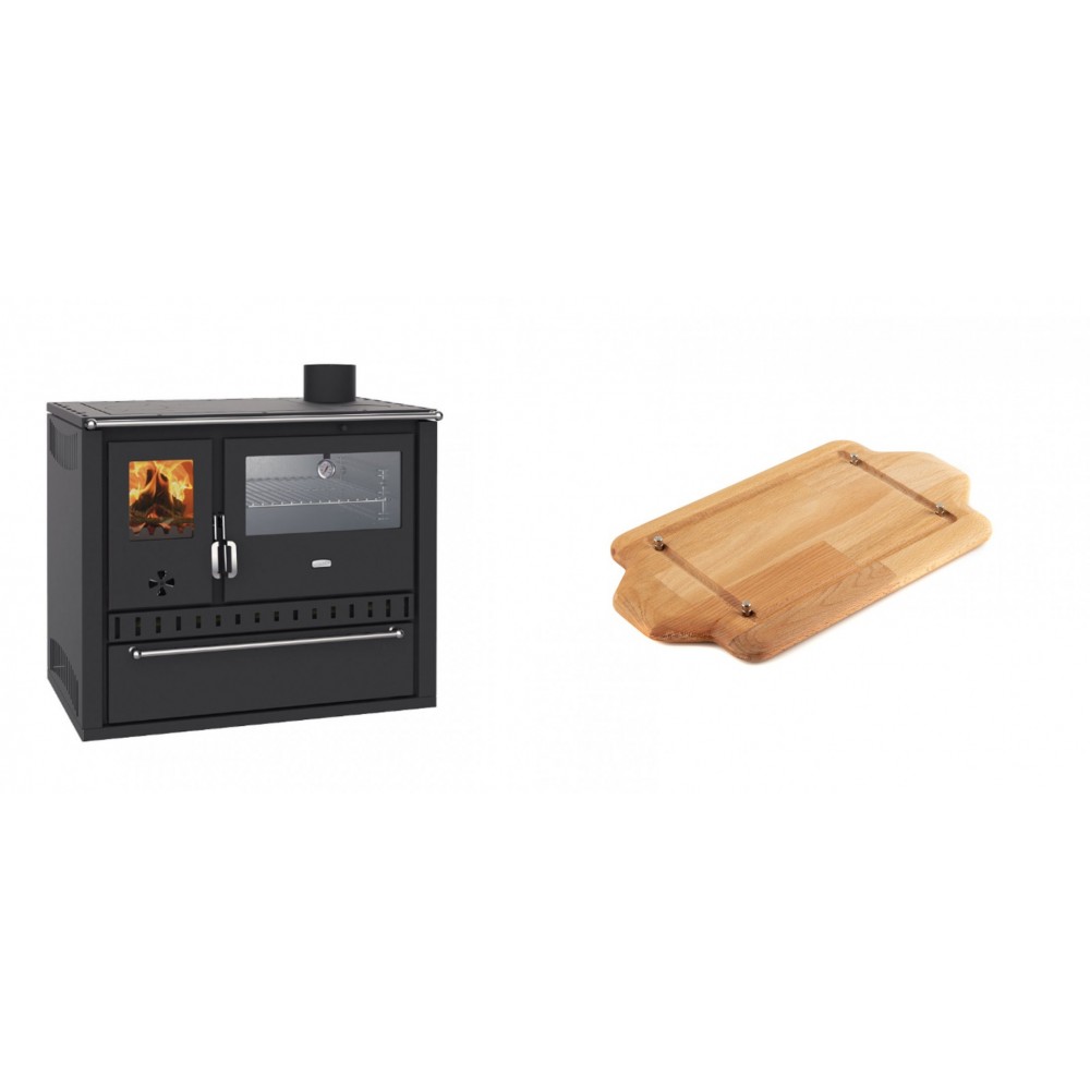 Set Küchenofen / Küchenhexe Wasserführend Prity GT W10, mit Edelstahl-Backofen, Stahlhobel und Schublade, 13.3 kW + Holz untersetzer für mini-gusseisenplatte Solagio HSDDHP1522