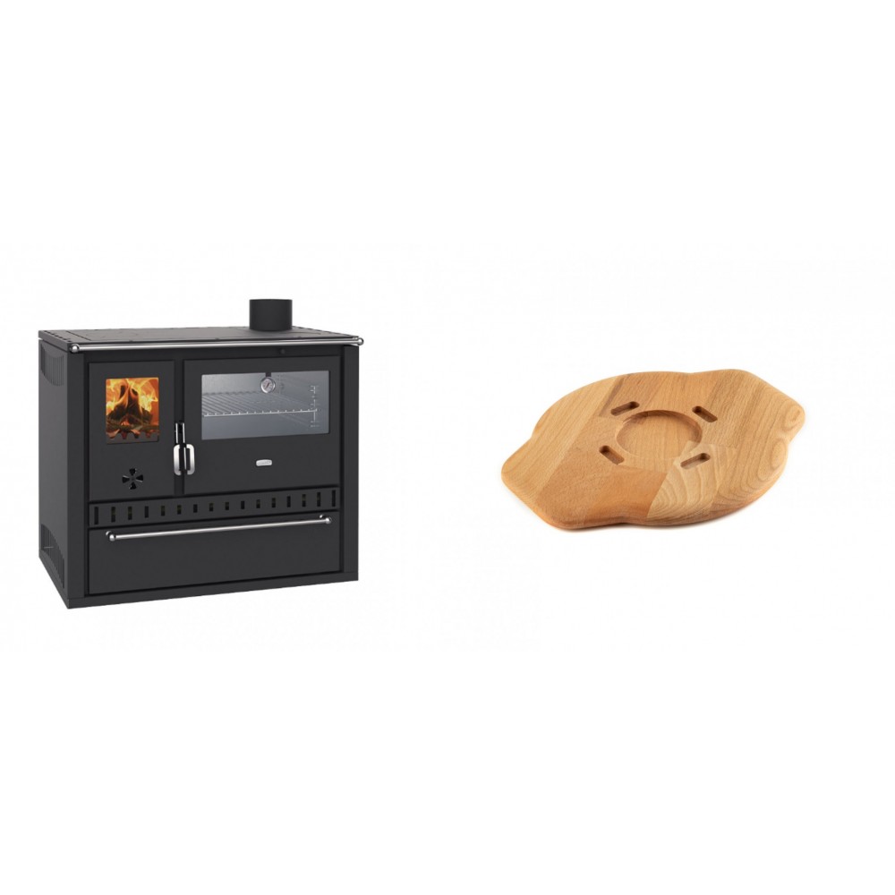 Set Küchenofen / Küchenhexe Wasserführend Prity GT W10, mit Edelstahl-Backofen, Stahlhobel und Schublade, 13.3 kW + Holz untersetzer für gusseisenplatte Solagio HSYSAK20
