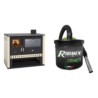Set Küchenofen / Küchenhexe Prity GT, mit Edelstahlbackofen, Leistung 15 kW + Elektrischer Aschesauger Ribimex, Modell Cenetì, Fassungsvermögen 15 L - Kaminofen - Holzofen mit Backfach