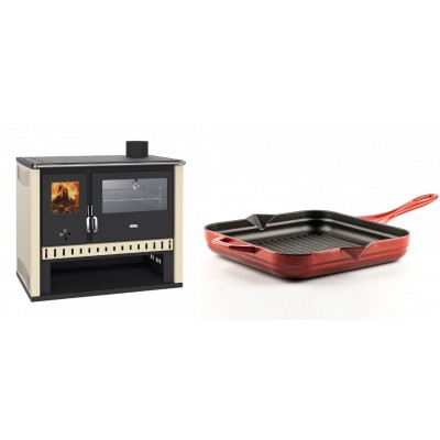 Set Küchenofen / Küchenhexe Prity GT, mit Edelstahlbackofen, Leistung 15 kW + Emaillierte grillpfanne Gusseisen Solagio, Rubin, 28x28cm - Kaminofen - Holzofen mit Backfach