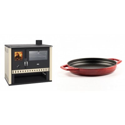 Set Küchenofen / Küchenhexe Prity GT, mit Edelstahlbackofen, Leistung 15 kW + Emaillierte gusseisenpfanne mit zwei Griffen Solagio, Rubin, Ф22cm - Kaminofen - Holzofen mit Backfach
