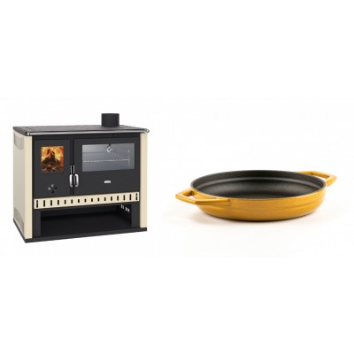 Set Küchenofen / Küchenhexe Prity GT, mit Edelstahlbackofen, Leistung 15 kW + Emaillierte gusseisenpfanne mit zwei Griffen Solagio, Dijon, Ф19cm - Kaminofen - Holzofen mit Backfach