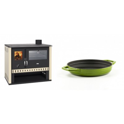 Set Küchenofen / Küchenhexe Prity GT, mit Edelstahlbackofen, Leistung 15 kW + Emaillierte gusseisenpfanne mit zwei Griffen Solagio, Bamboo, Ф19cm - Kaminofen - Holzofen mit Backfach