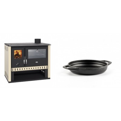 Set Küchenofen / Küchenhexe Prity GT, mit Edelstahlbackofen, Leistung 15 kW + Emaillierte gusseisenpfanne mit zwei Griffen Solagio, Black Onyx, Ф16cm - Kaminofen - Holzofen mit Backfach