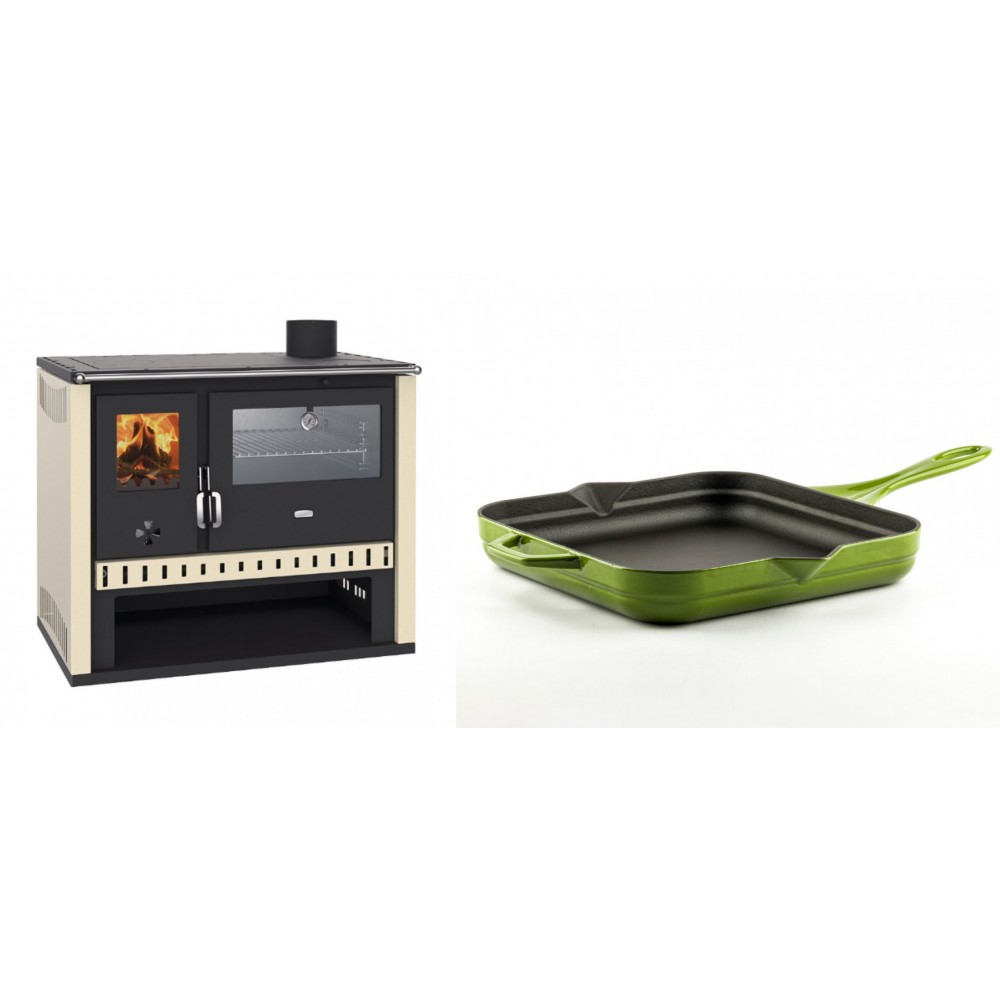 Set Küchenofen / Küchenhexe Prity GT, mit Edelstahlbackofen, Leistung 15 kW + Emaillierte Gusseisenpfanne Solagio, Bamboo, 28x28cm | Kaminofen - Holzofen mit Backfach | Kaminofen |