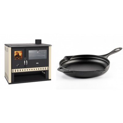 Set Küchenofen / Küchenhexe Prity GT, mit Edelstahlbackofen, Leistung 15 kW + Emaillierte Gusseisenpfanne Solagio, Black Onyx, Ф28cm - Kaminofen - Holzofen mit Backfach