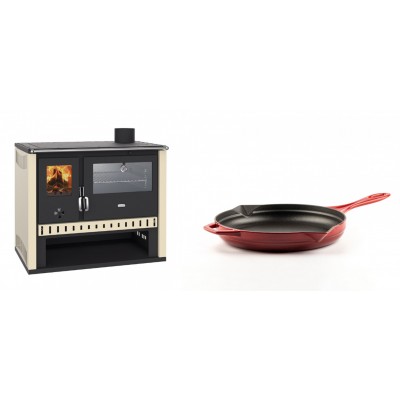 Set Küchenofen / Küchenhexe Prity GT, mit Edelstahlbackofen, Leistung 15 kW + Emaillierte Gusseisenpfanne Solagio, Rubin, Ф24cm - Kaminofen - Holzofen mit Backfach