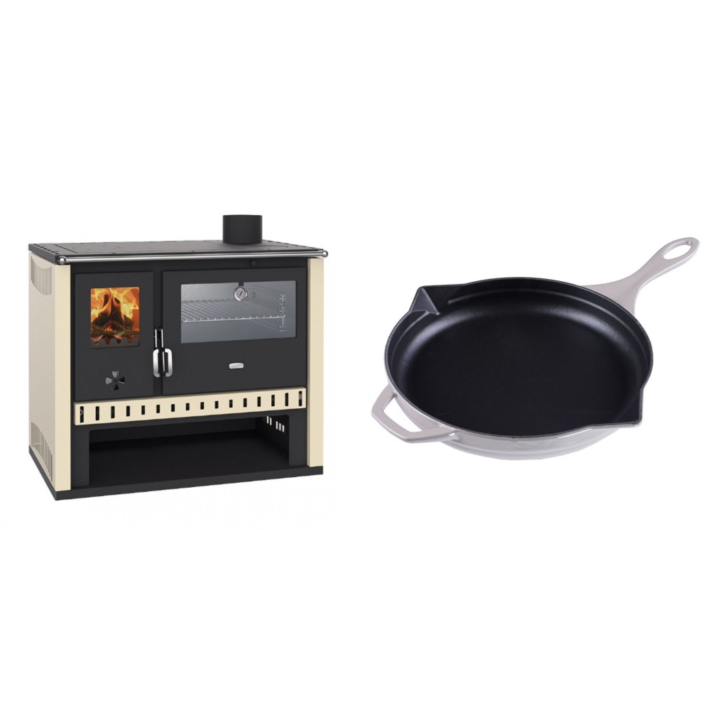 Set Küchenofen / Küchenhexe Prity GT, mit Edelstahlbackofen, Leistung 15 kW + Emaillierte Gusseisenpfanne Solagio, Ivory, Ф28cm | Kaminofen - Holzofen mit Backfach | Kaminofen |