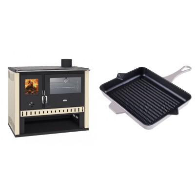 Set Küchenofen / Küchenhexe Prity GT, mit Edelstahlbackofen, Leistung 15 kW + Emaillierte grillpfanne Gusseisen Solagio, Ivory, 26x32cm - Kaminofen - Holzofen mit Backfach