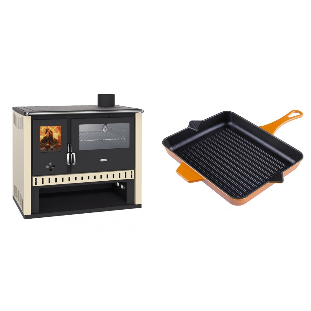 Set Küchenofen / Küchenhexe Prity GT, mit Edelstahlbackofen, Leistung 15 kW + Emaillierte grillpfanne Gusseisen Solagio, Dijon, 26x32cm | Kaminofen - Holzofen mit Backfach | Kaminofen |