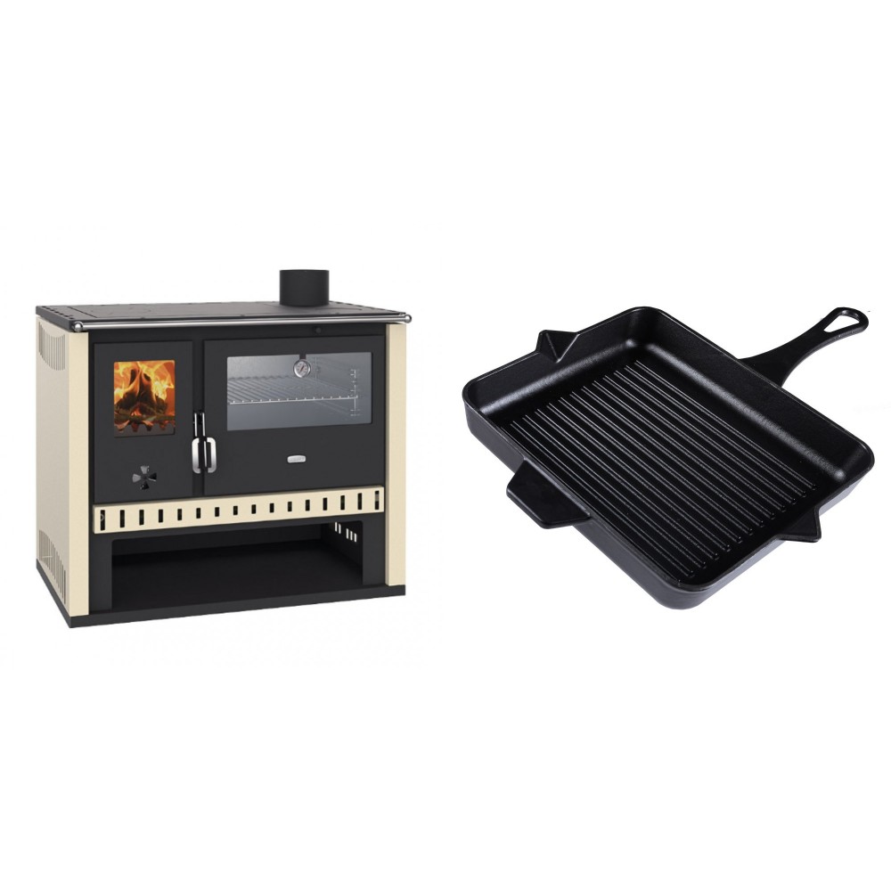 Set Küchenofen / Küchenhexe Prity GT, mit Edelstahlbackofen, Leistung 15 kW + Emaillierte grillpfanne Gusseisen Solagio, Black Onyx, 26x32cm | Kaminofen - Holzofen mit Backfach | Kaminofen |