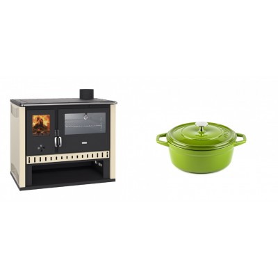 Set Küchenofen / Küchenhexe Prity GT, mit Edelstahlbackofen, Leistung 15 kW + Gusseisen Topf Tiefer Solagio, Bamboo, Ф12 - Kaminofen - Holzofen mit Backfach