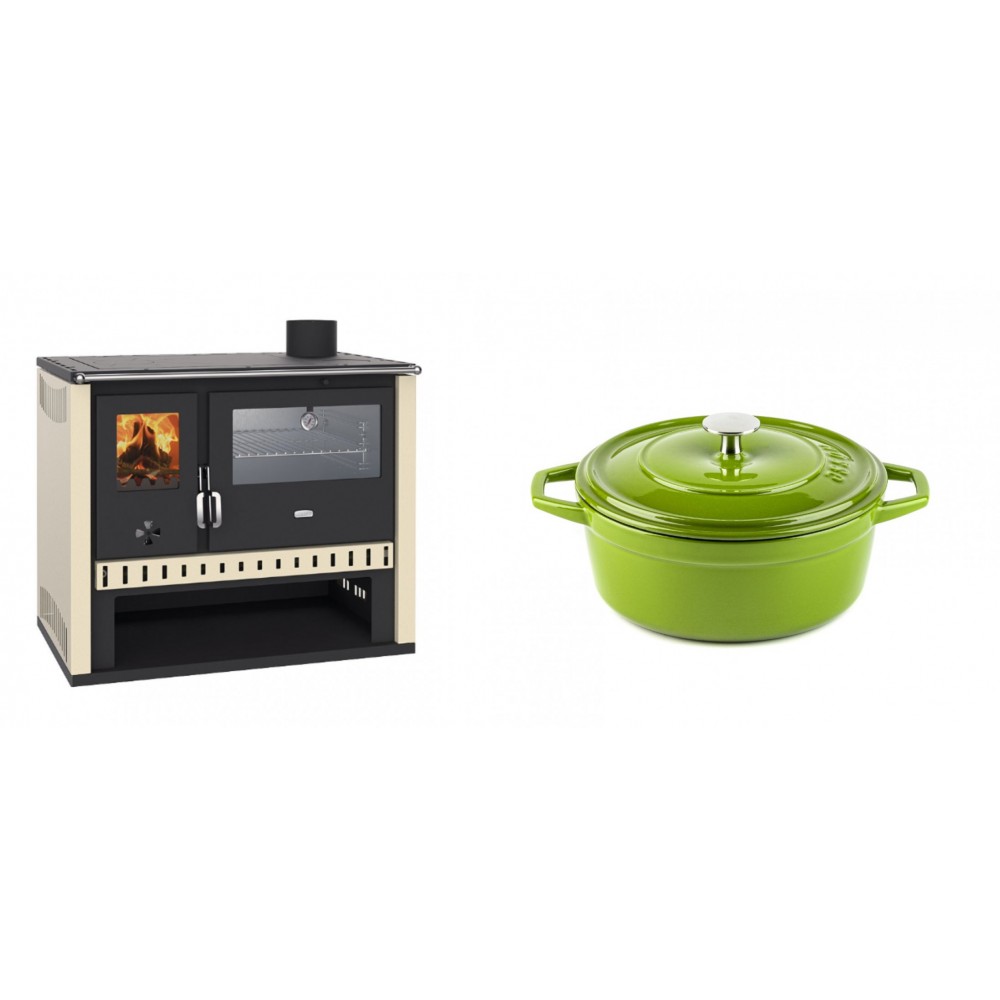 Set Küchenofen / Küchenhexe Prity GT, mit Edelstahlbackofen, Leistung 15 kW + Gusseisen Topf Tiefer Solagio, Bamboo, Ф20 | Kaminofen - Holzofen mit Backfach | Kaminofen |