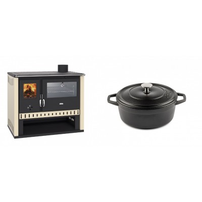 Set Küchenofen / Küchenhexe Prity GT, mit Edelstahlbackofen, Leistung 15 kW + Gusseisen Topf Tiefer Solagio, Black Onyx, Ф20 - Kaminofen - Holzofen mit Backfach
